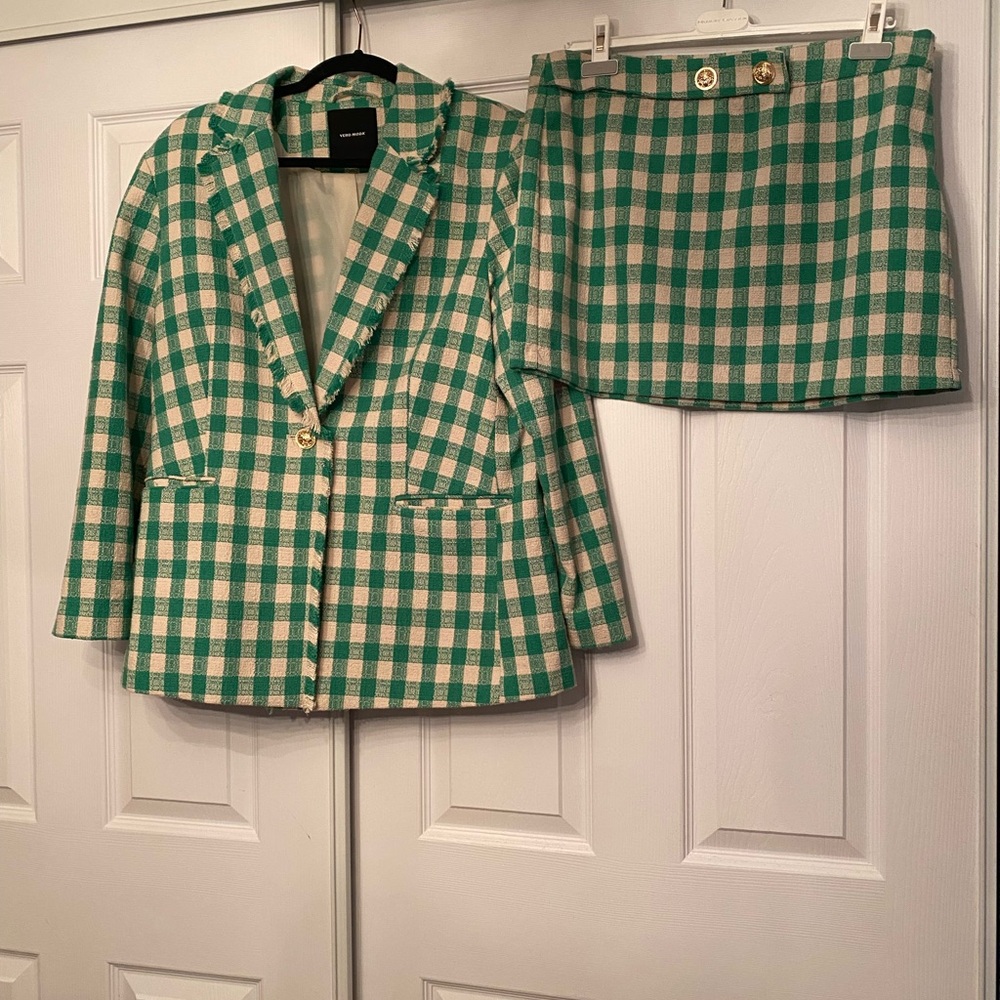 Vero Moda Green and Cream Checkered Blazer & Skirt Set